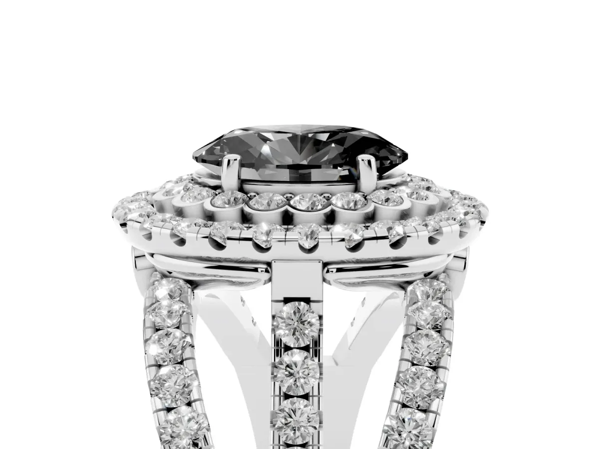 Fancy Black Oval Cut Diamond Double Halo Ring with Round Pavé Split Shank and Prong Setting Silver