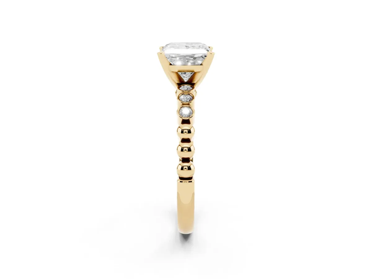 Princess Cut Solitaire Bezel Accent Diamond Engagement Ring with Beaded Band and Four-Prong Setting Yellow gold
