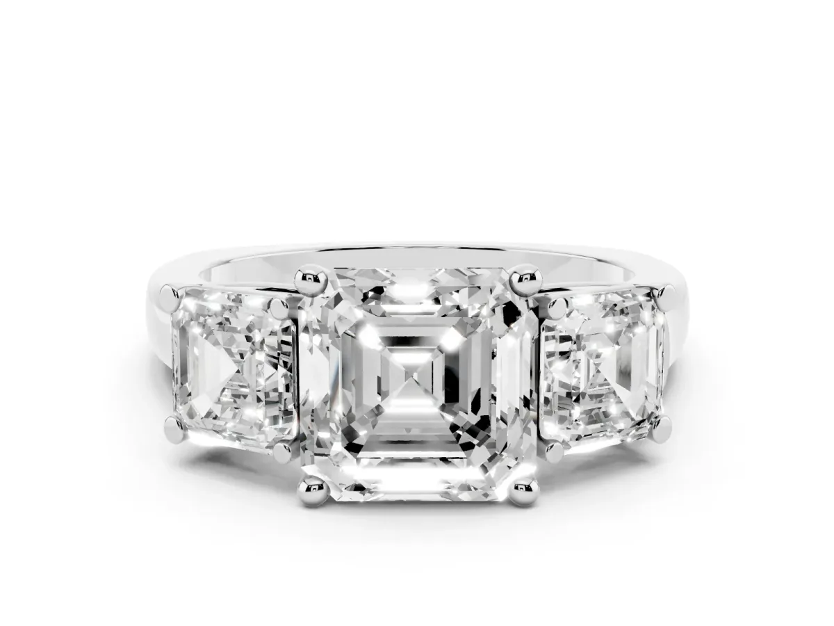 Three-Stone Asscher Cut Brilliant Diamond Trellis Ring with Comfort Fit Band Silver