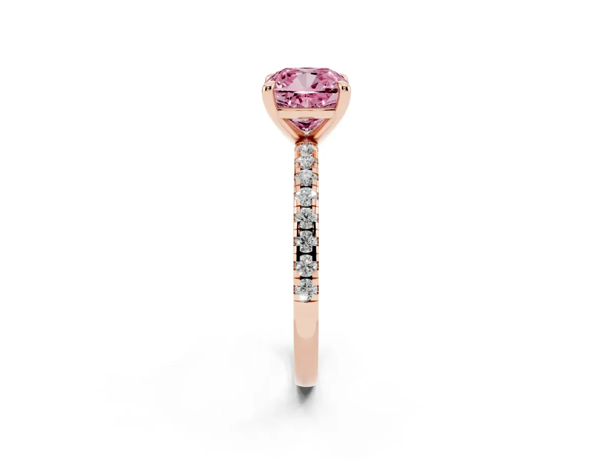 Fancy Pink Cushion Cut Diamond Brilliant Solitaire Ring with Pavé Band and Four-Prong Setting Rose gold