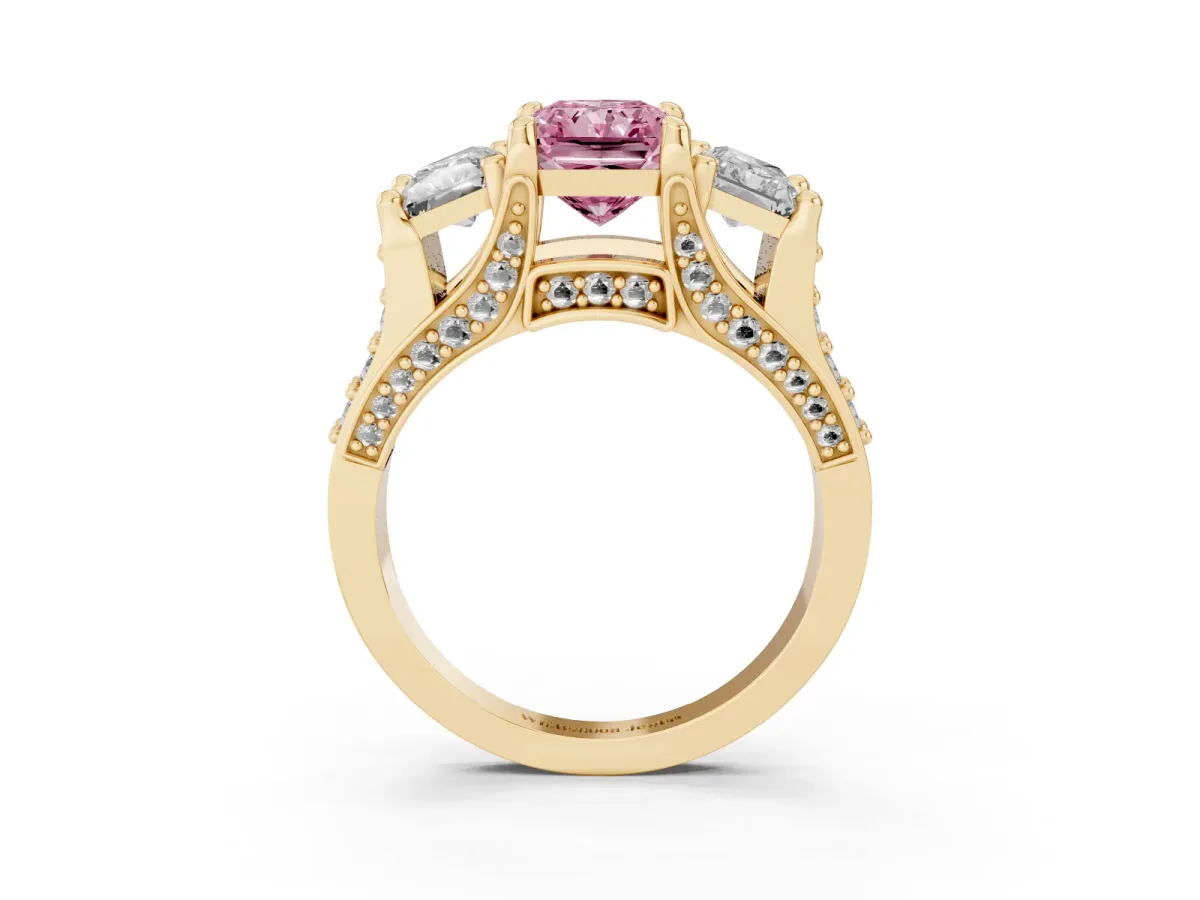 Fancy Pink Radiant Cut Diamond Three-Stone Ring with Channel Set Band and Four-Prong Setting Yellow gold