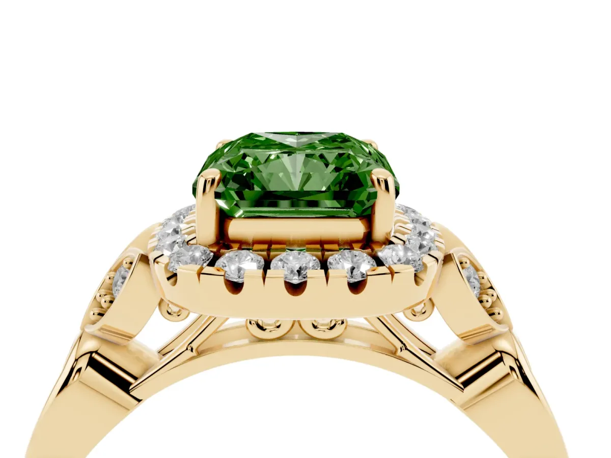 Fancy Green Radiant Cut Halo Diamond Engagement Ring with Vintage-Inspired Band and Four-Prong Setting Yellow gold
