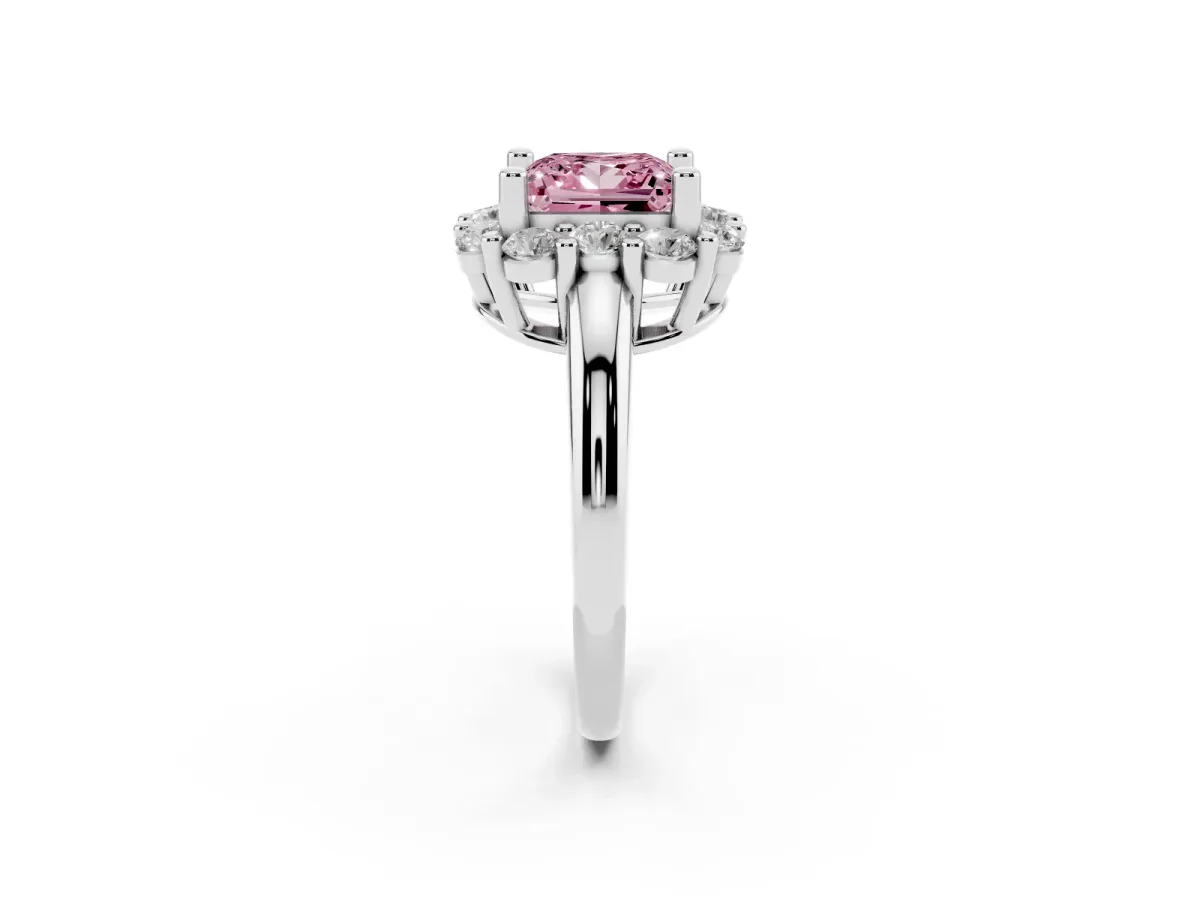 Fancy Pink Princess Cut Halo Cluster Diamond Engagement Ring with Prong Setting and Polished Band Platinum