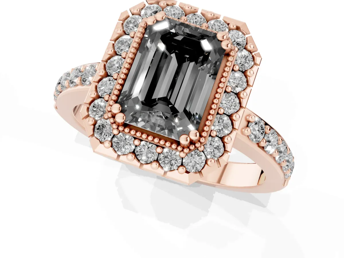 Fancy Black Emerald Cut Diamond Halo Ring with Pavé Band and Prong Setting Rose gold