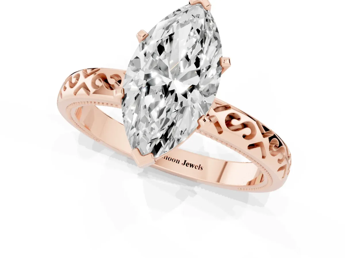 Marquise Cut Solitaire Engagement Ring with Scrollwork Band and Four-Prong Setting Rose gold