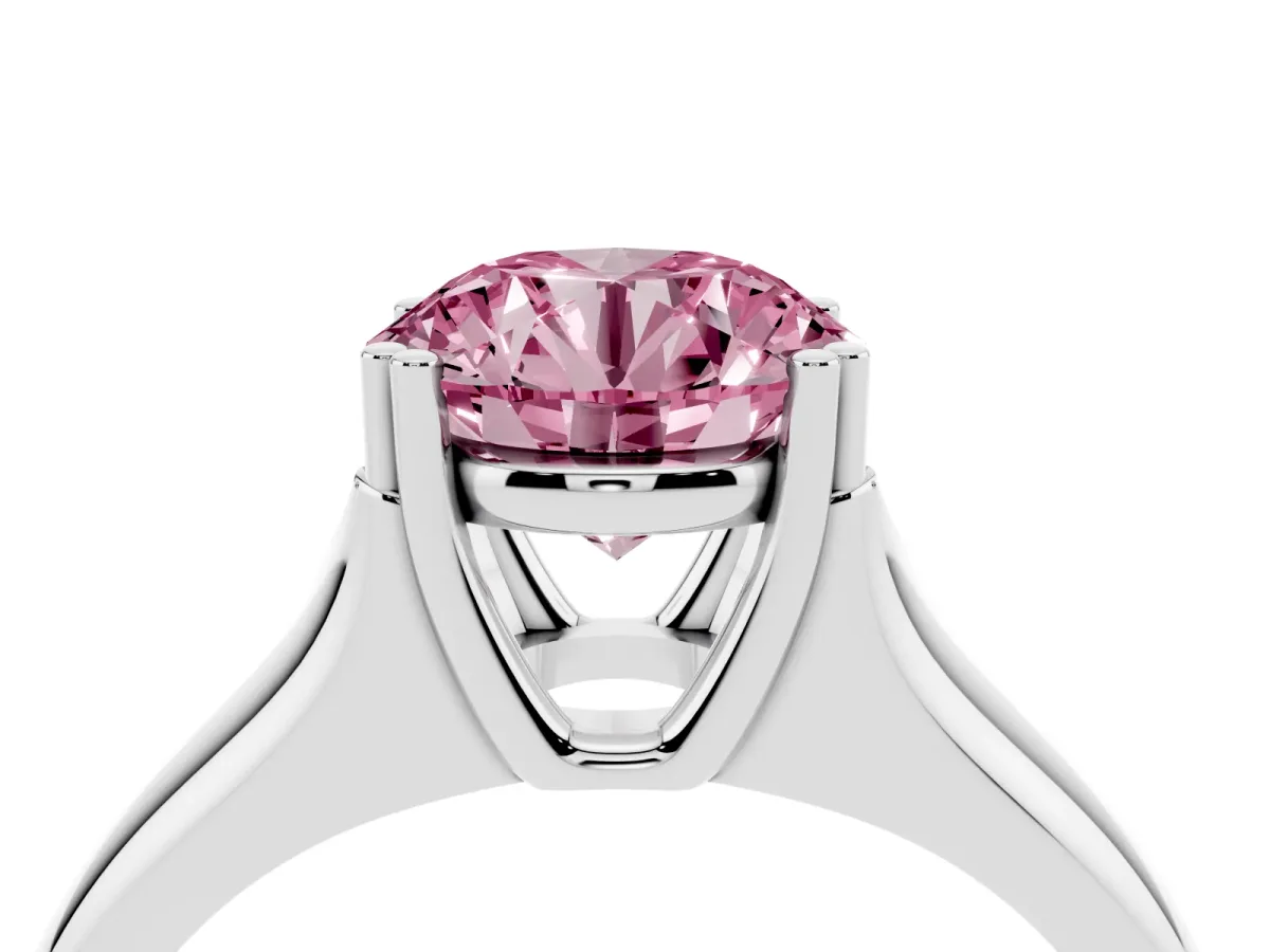 Fancy Pink Round Cut Diamond Solitaire Ring with Wide Band and Prong Setting Silver