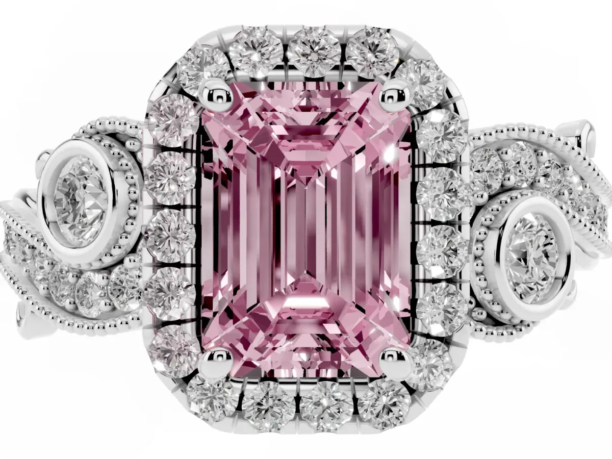 Fancy Pink Emerald Cut Diamond Halo Ring with Milgrain Pavé Band and Four-Prong Setting Platinum