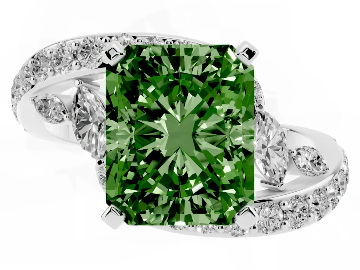 Fancy Green Radiant Cut Solitaire with Pavé Twist Band and Four-Prong Setting Platinum