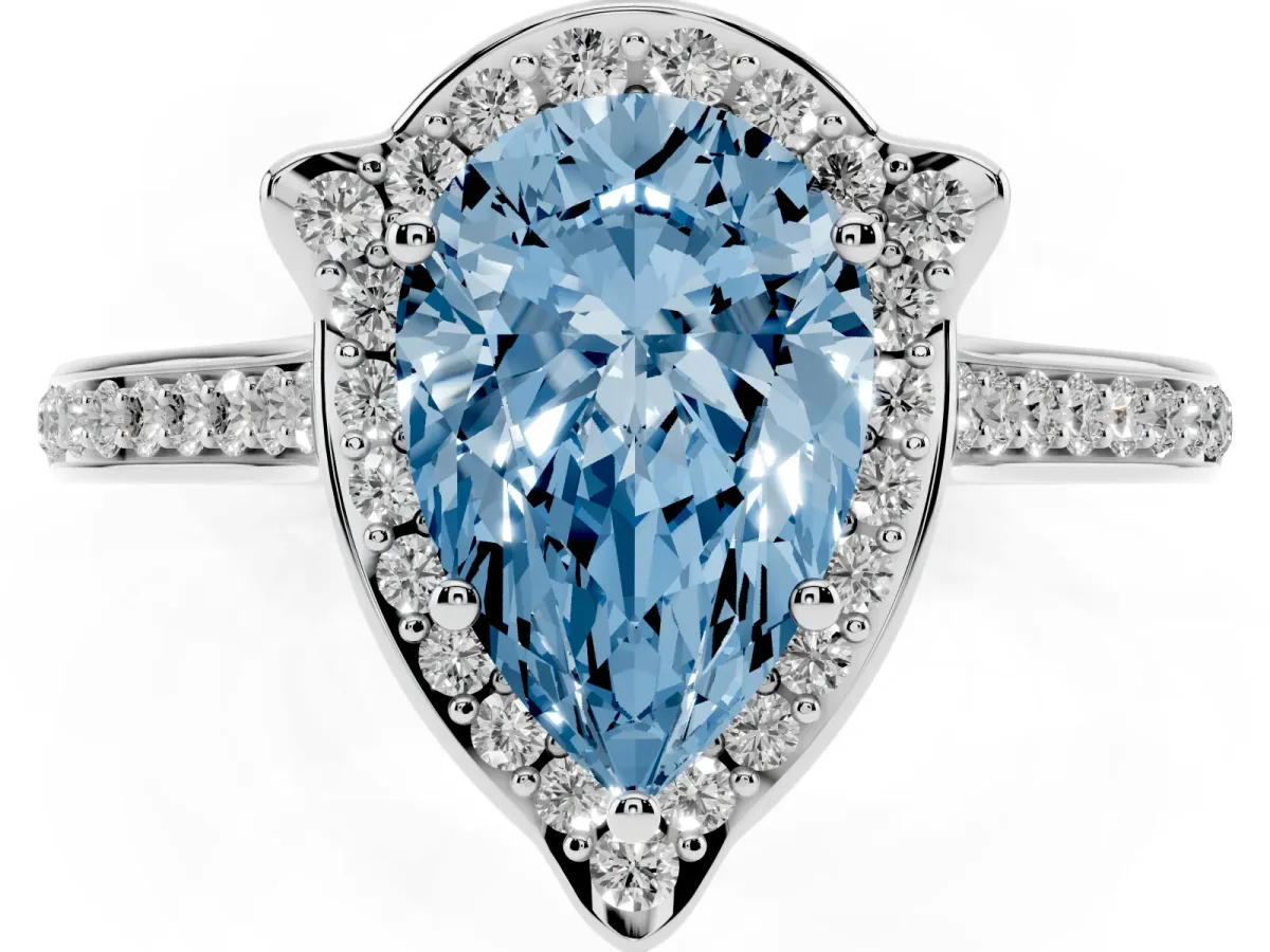 Fancy Blue Pear Cut Halo Round Diamond Pave Band with Four-Prong Setting Silver