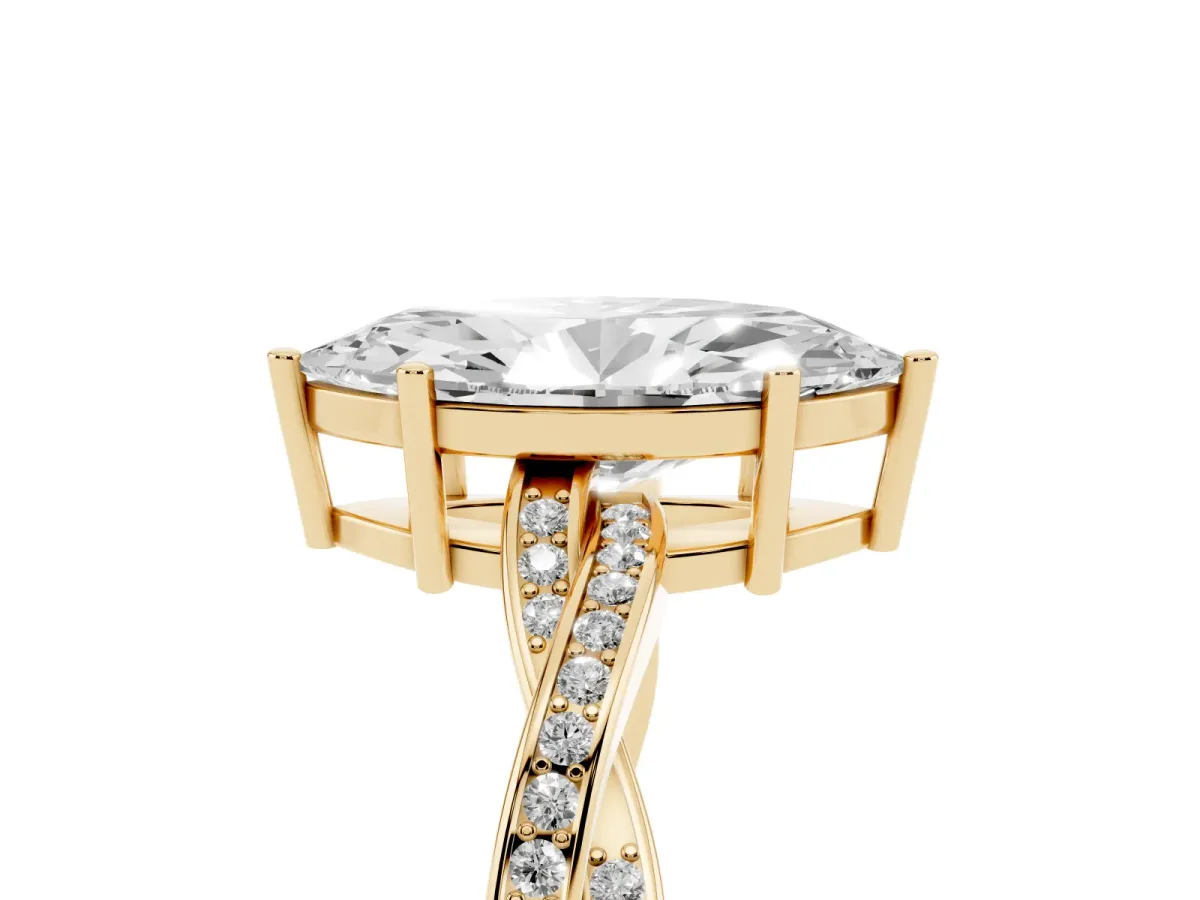 Marquise Cut Solitaire Twisted Pave Diamond Ring with Four-Prong Setting Yellow gold