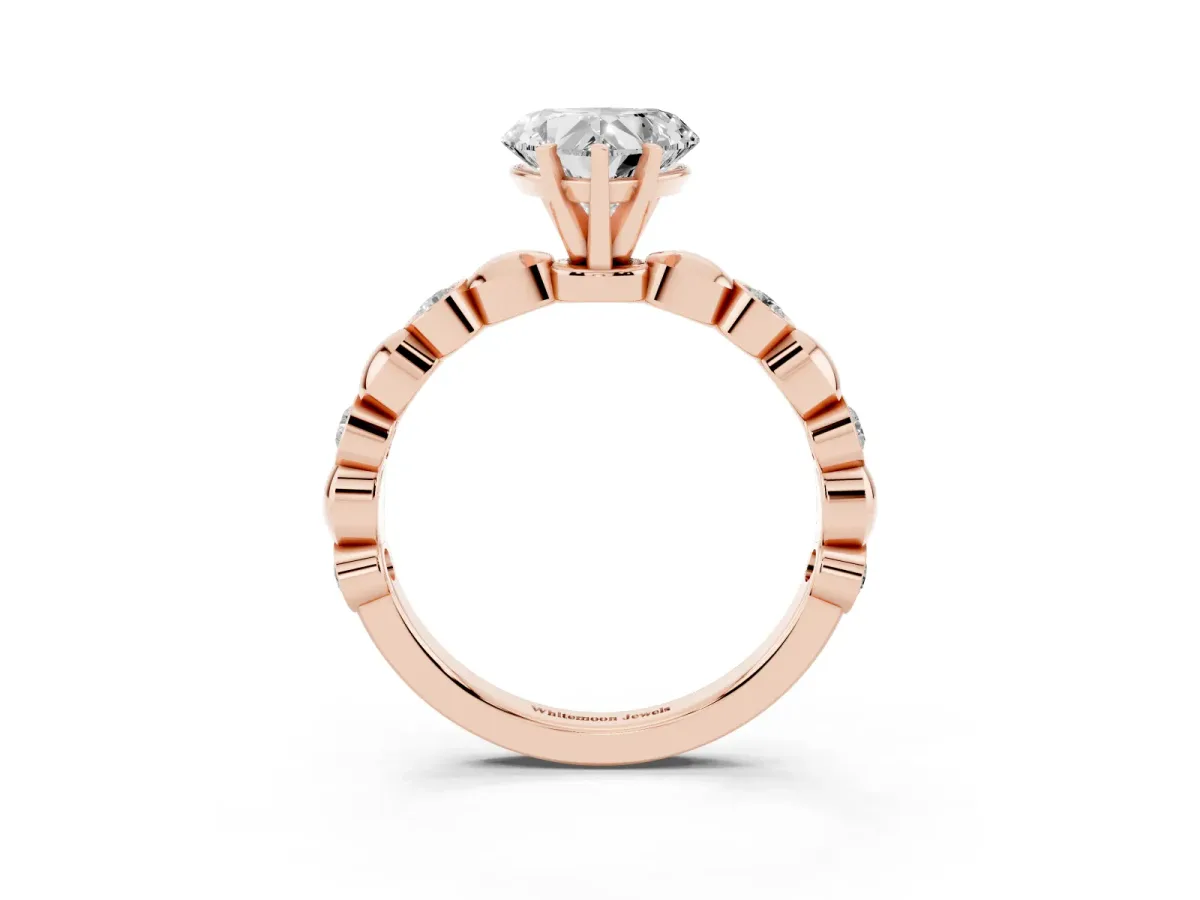 Heart Cut Solitaire Bezel-Set Diamond Ring with Beaded Band and Four-Prong Setting Rose gold
