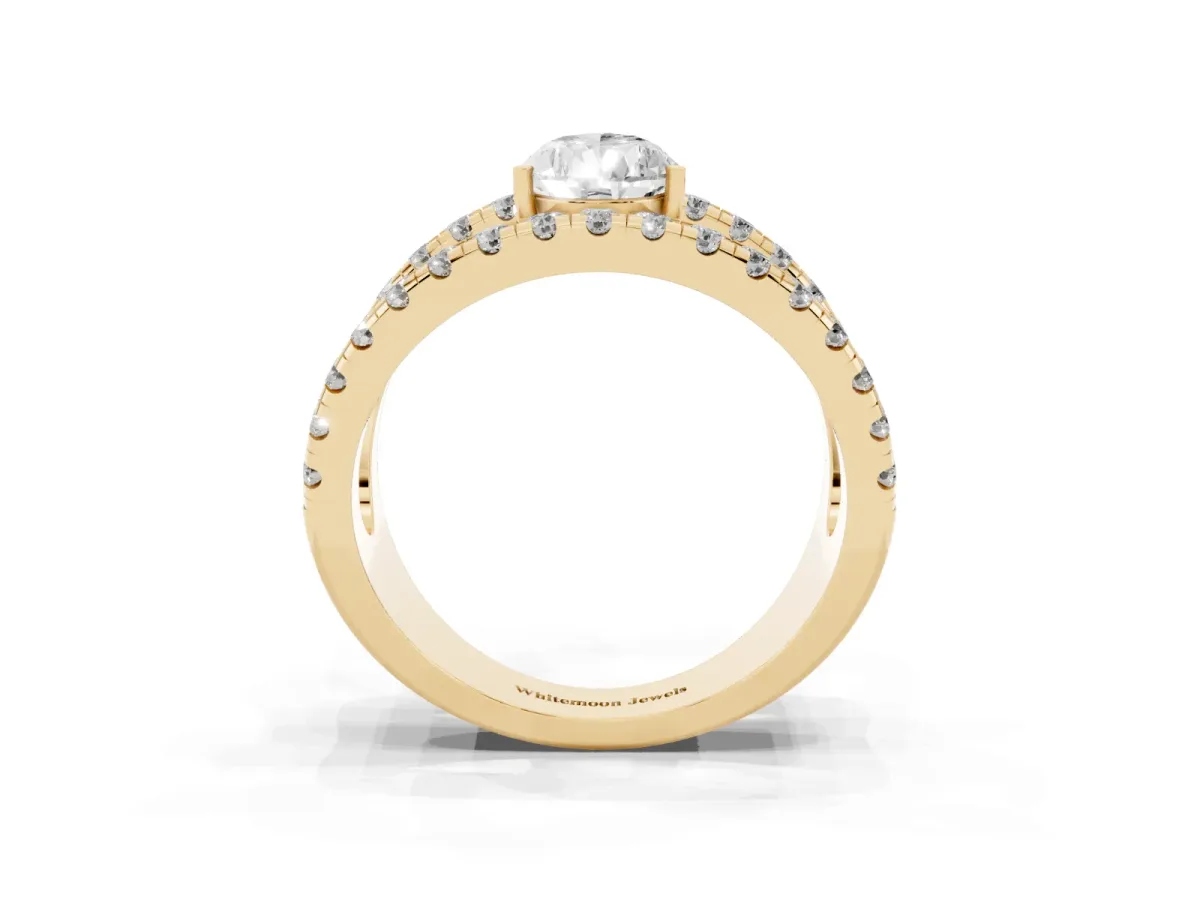 Pear Cut Solitaire Split Shank Pave Diamond Ring Yellow gold