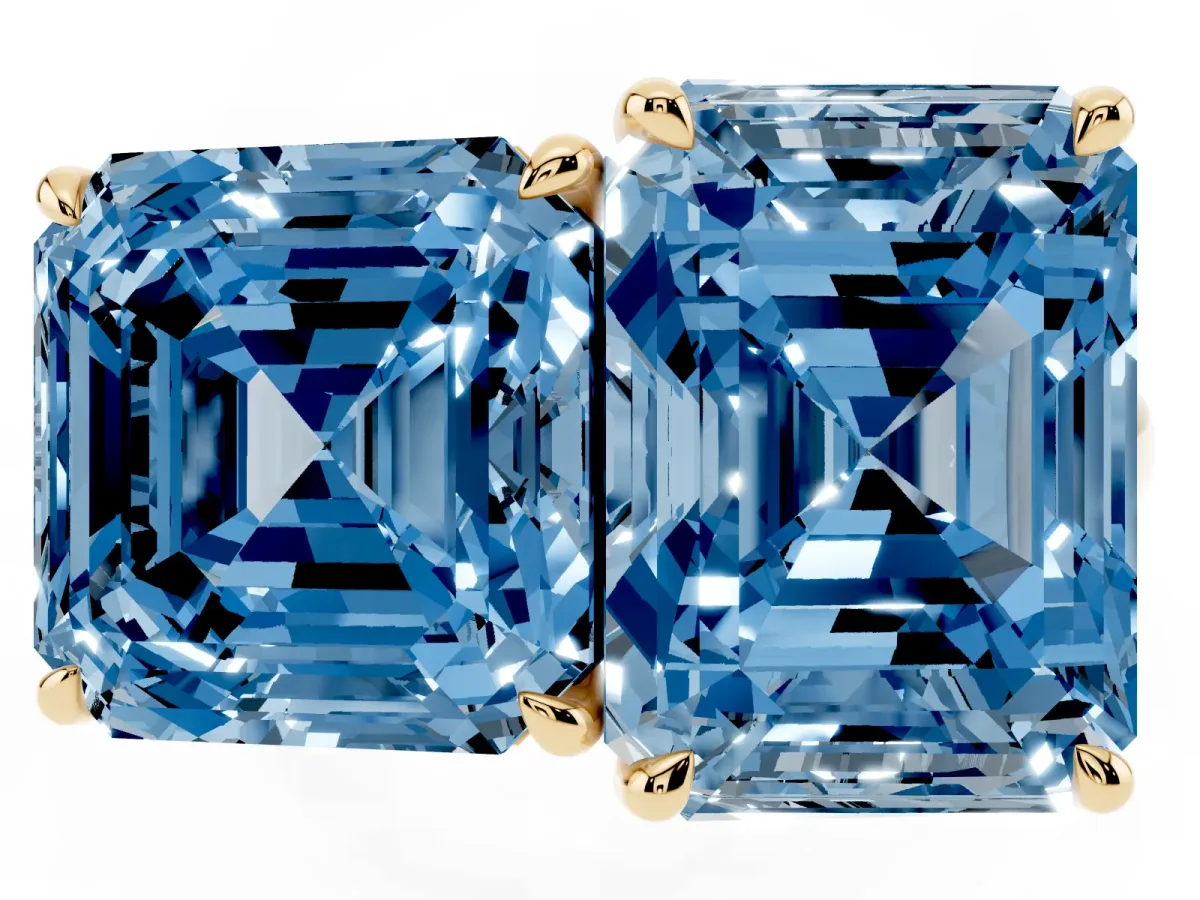 Fancy Blue Asscher Cut and Emerald Cut Toi Moi Ring with Prong Setting Yellow gold