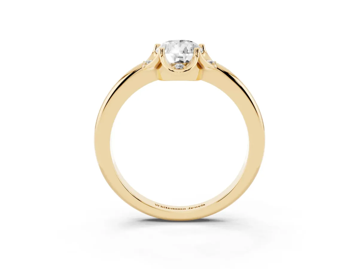 Pear Cut Halo Diamond Ring with Round Cluster Setting, Solitaire Band, and Four-Prong Setting Yellow gold