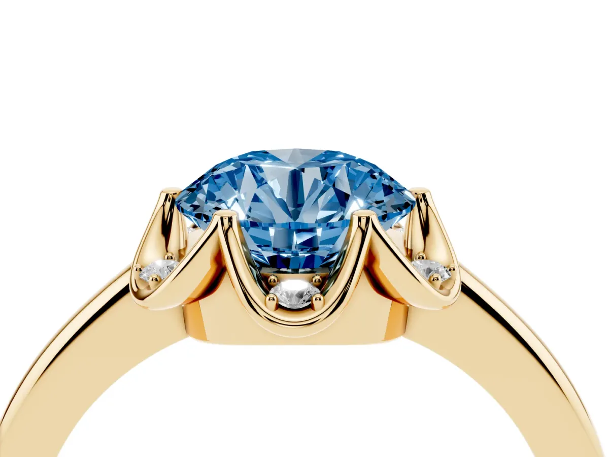 Fancy Blue Round Cut Halo Diamond Ring with Round Cluster Setting, Solitaire Band, and Four-Prong Setting Yellow gold