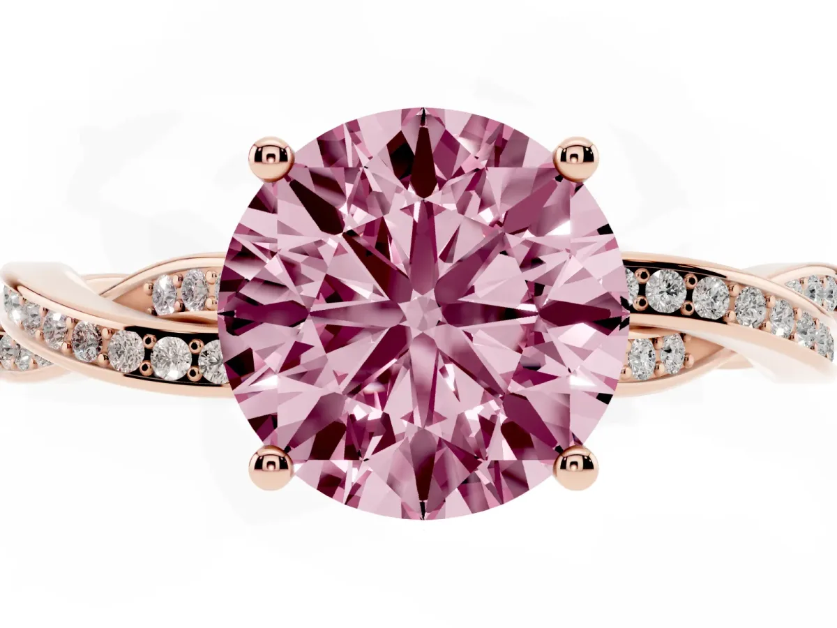 Fancy Pink Round Cut Solitaire Twisted Pave Diamond Ring with Four-Prong Setting Rose gold