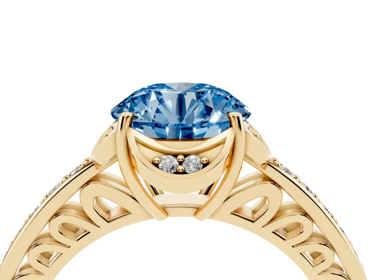 Fancy Blue Round Cut Cut Halo Diamond Ring with Channel Set Band and Four-Prong Setting Yellow gold