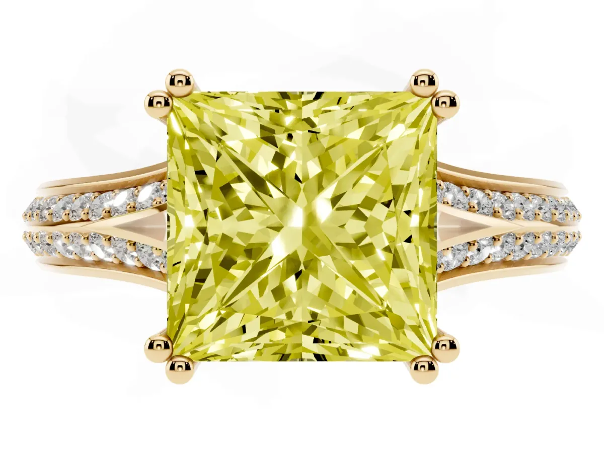 Fancy Yellow Princess Cut Diamond Split Shank Engagement Ring with Pavé Band Yellow gold
