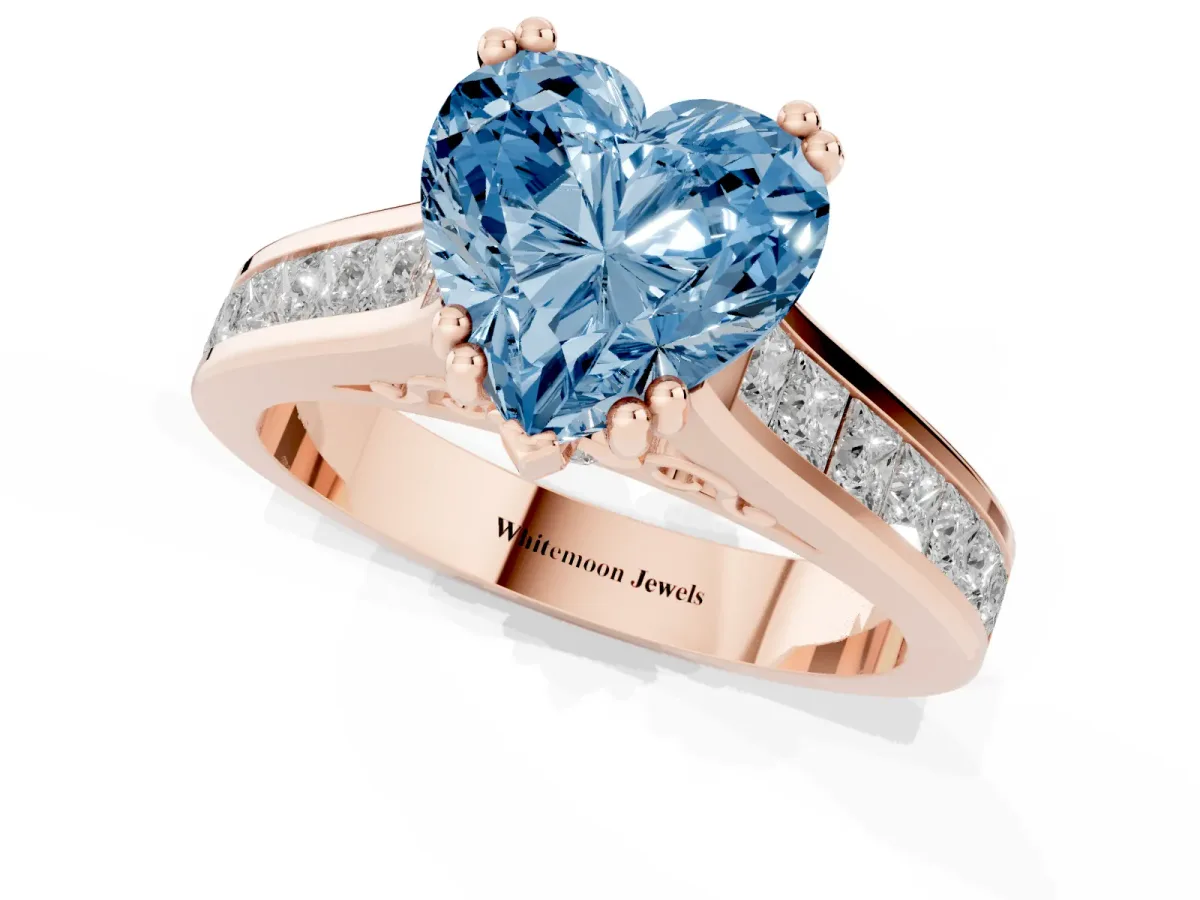 Fancy Blue Heart Cut Cut Channel Set Solitaire Engagement Ring with Prong Setting Rose gold