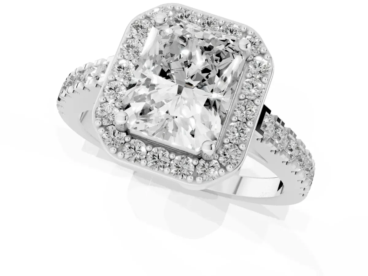 Radiant Cut Diamond Halo Ring with Round Pavé Split Shank and Prong Setting Silver