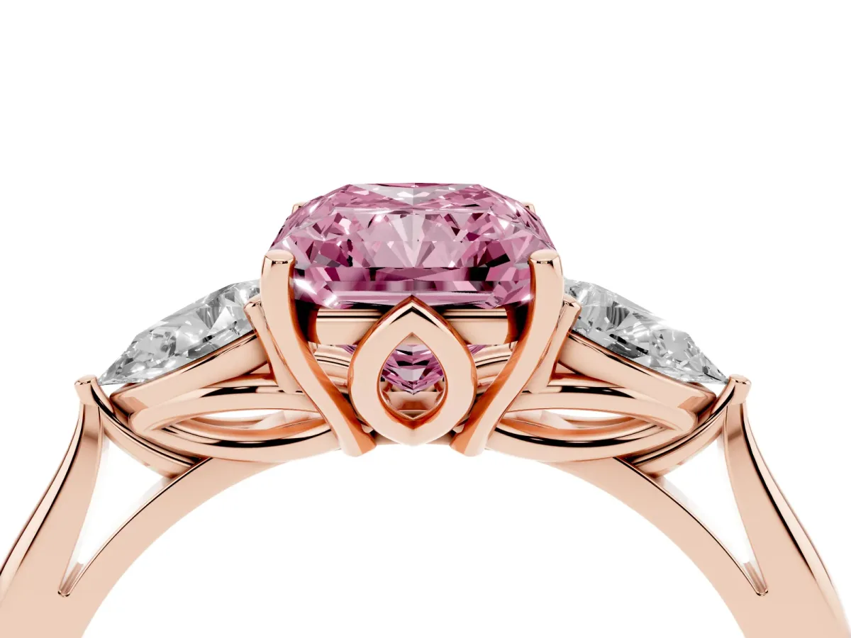 Fancy Pink Radiant Cut Diamond Three-Stone Ring with Pear Side Stones and Prong Setting Rose gold