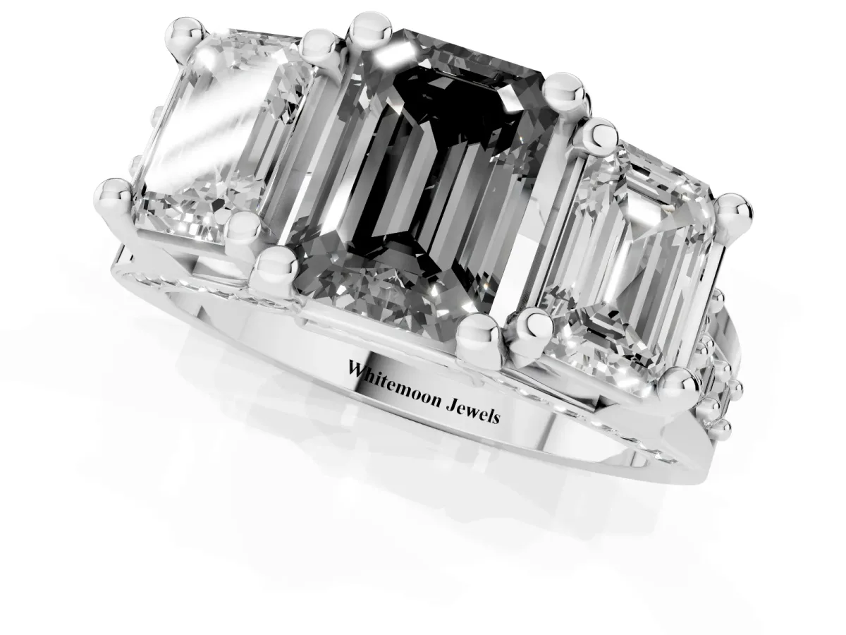 Fancy Black Emerald Cut Diamond Three-Stone Ring with Channel Set Band and Four-Prong Setting Silver