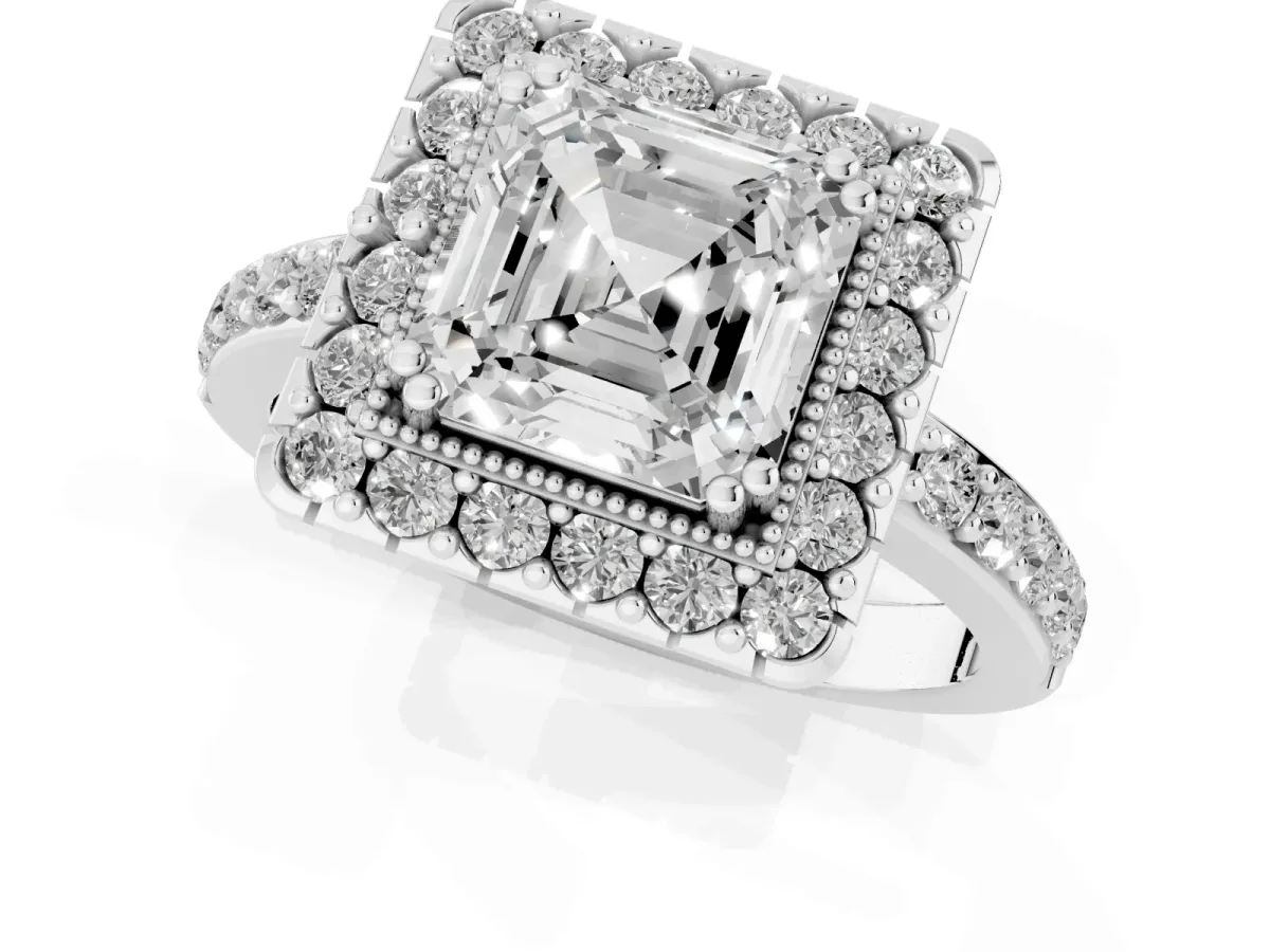 Asscher Cut Diamond Halo Ring with Pavé Band and Prong Setting Silver