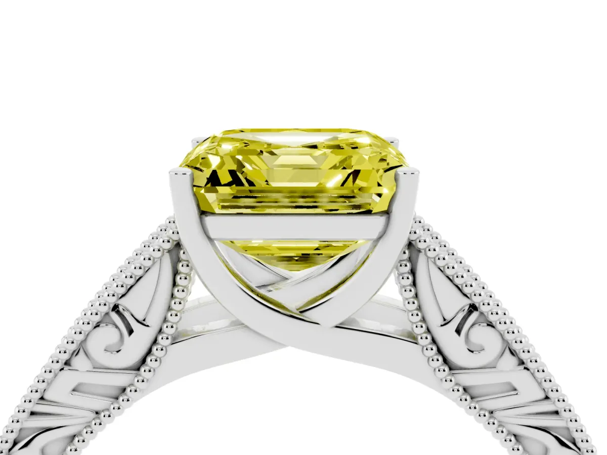 Fancy Yellow Asscher Cut Diamond Solitaire Ring with Engraved Band and Four-Prong Setting Platinum