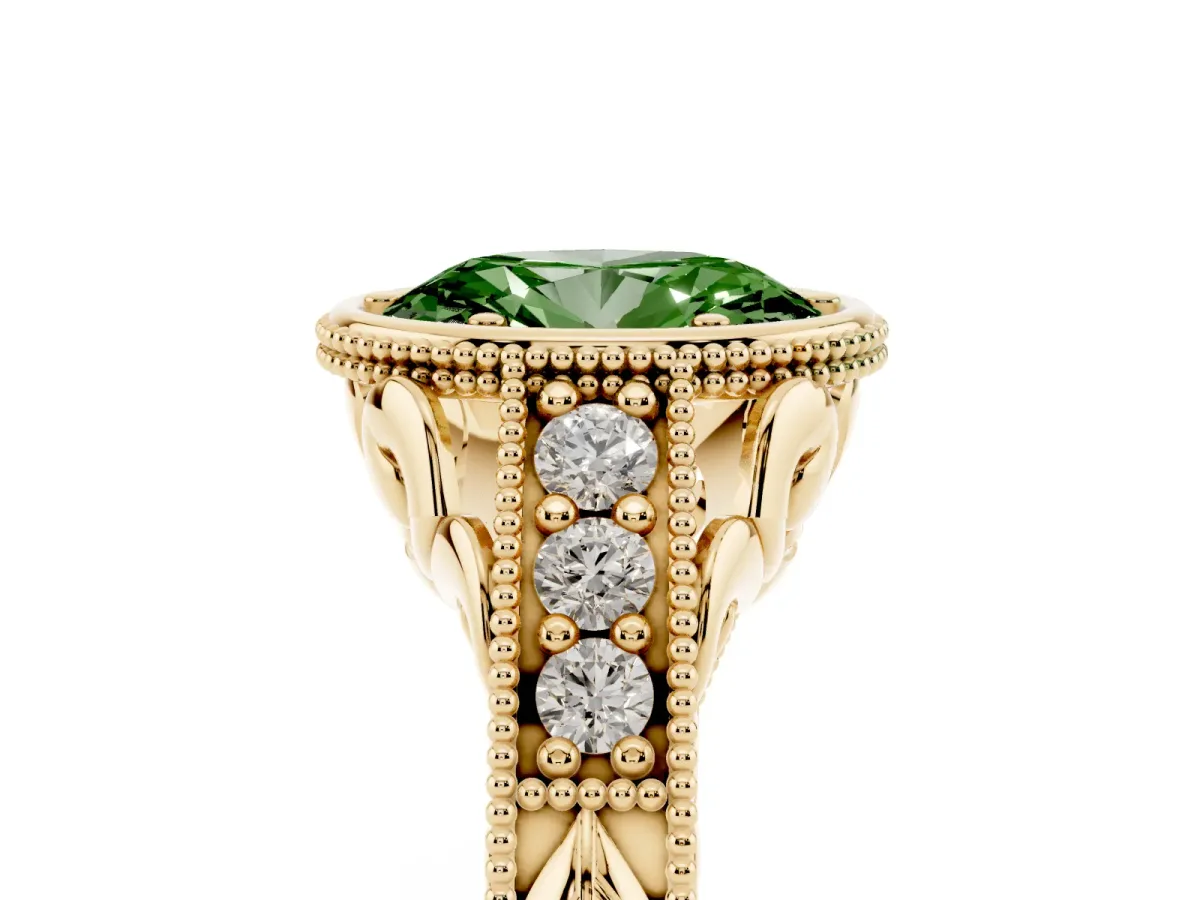 Fancy Green Bezel Set Oval Cut Diamond Milgrain Pave Engagement Ring Yellow gold