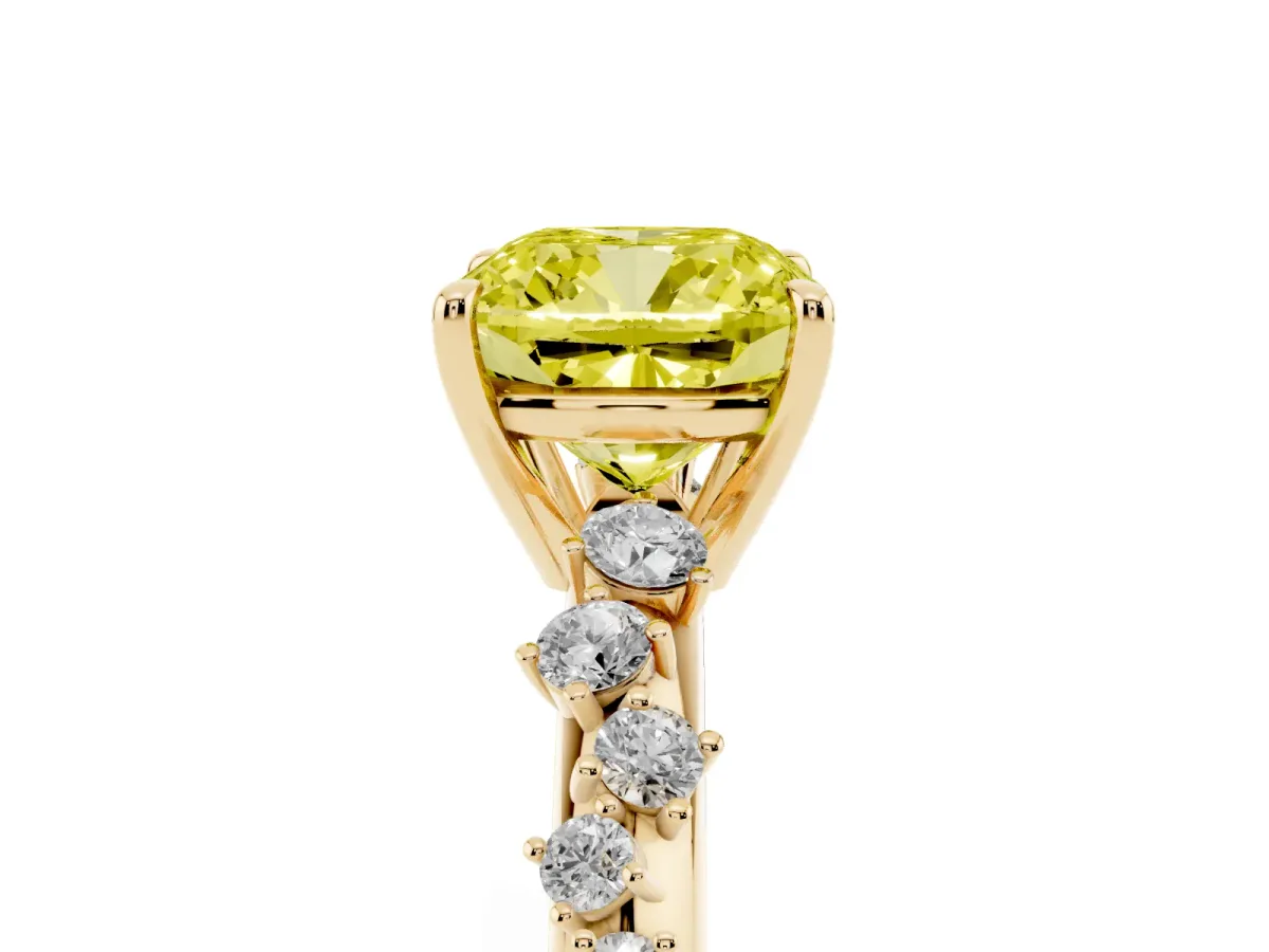 Fancy Yellow Cushion Cut Diamond Cluster Side Stone Solitaire Ring with Prong Setting Yellow gold