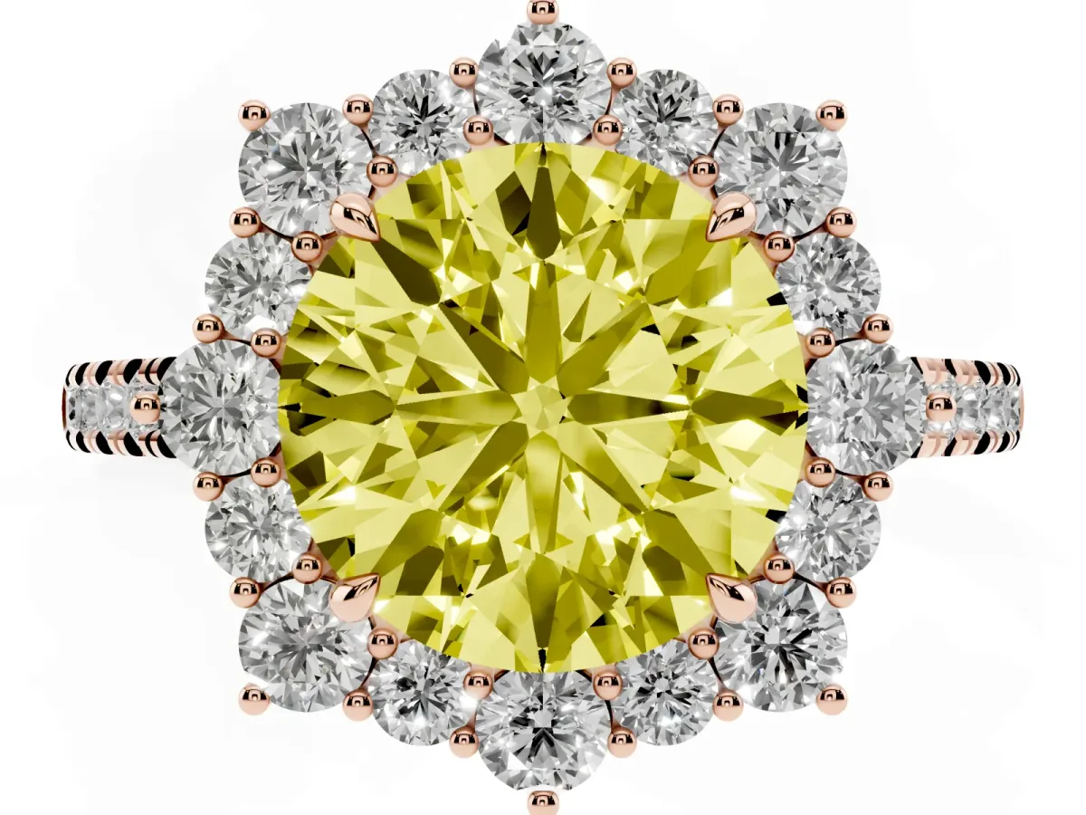 Fancy Yellow Round Cut Halo Diamond Ring with Pavé Band and Prong Setting Rose gold
