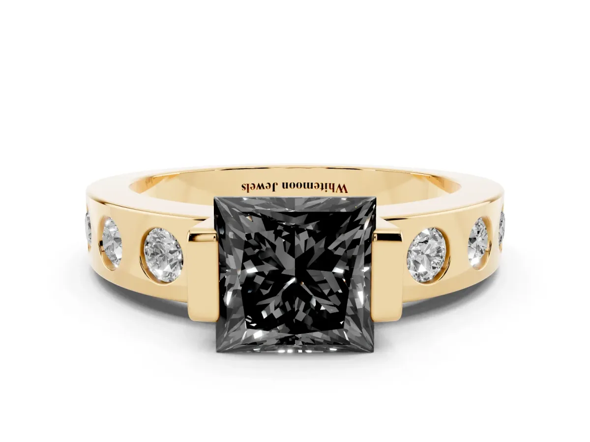 Fancy Black Princess Cut Brilliant Channel-Set Diamond Ring with Bezel Prong Setting Yellow gold