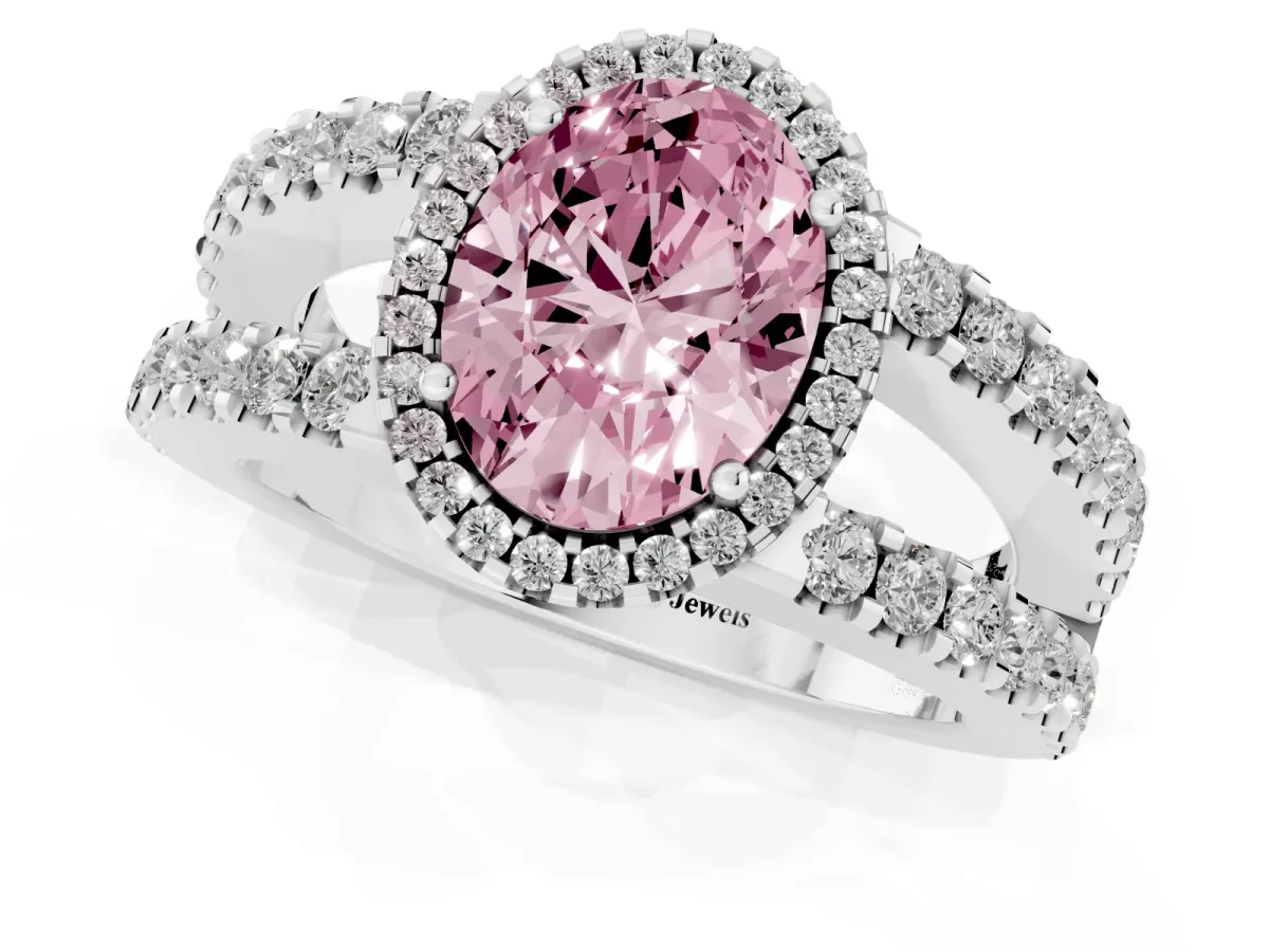 Fancy Pink Oval Cut Cut Halo Split Shank Diamond Ring with Four-Prong Setting Silver