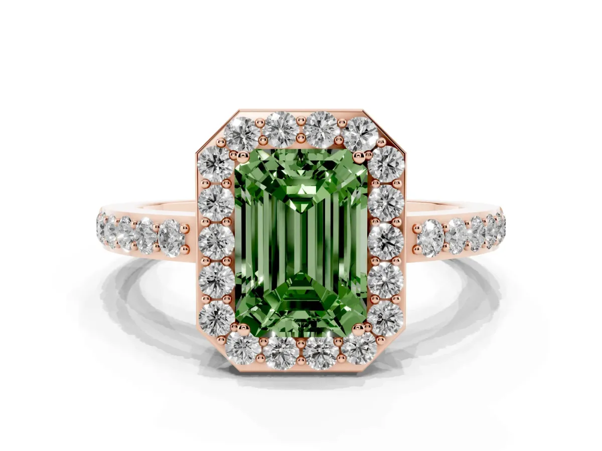 Fancy Green Emerald Cut Halo Diamond Pavé Band Ring with Prong Setting Rose gold