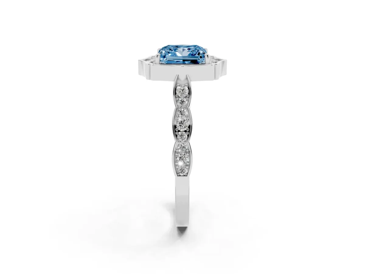 Fancy Blue Princess Cut Halo Diamond Engagement Ring with Milgrain Band and Four-Prong Setting Silver