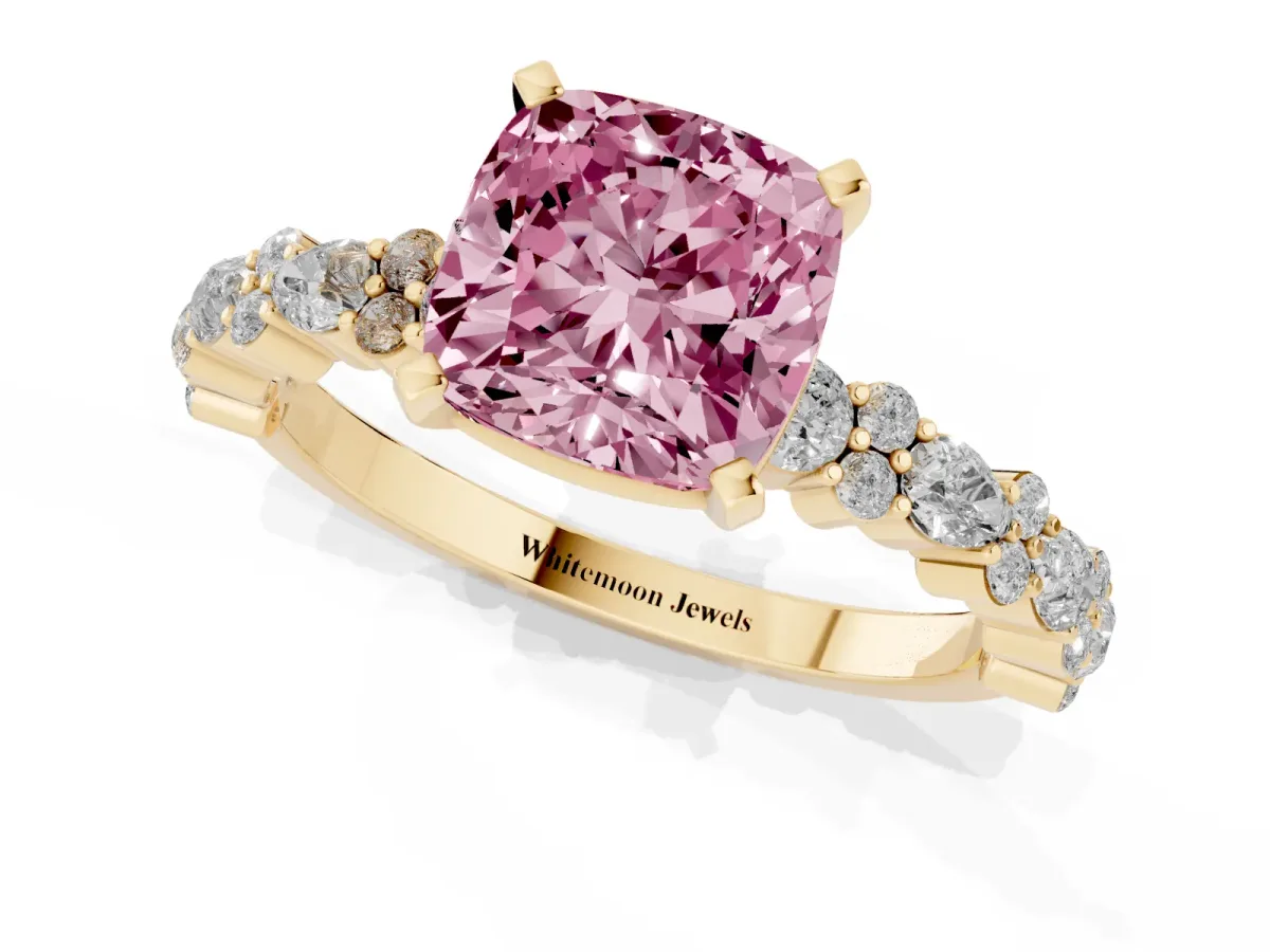 Fancy Pink Cushion Cut Diamond Side Stone Solitaire Ring with Round and Four-Prong Setting Yellow gold