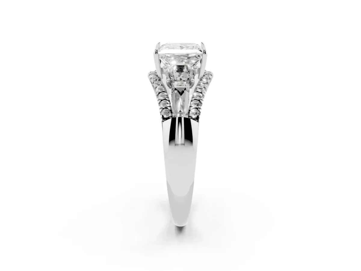 Three-Stone Princess Cut Diamond Engagement Ring with Pave Band and Prong Setting Silver