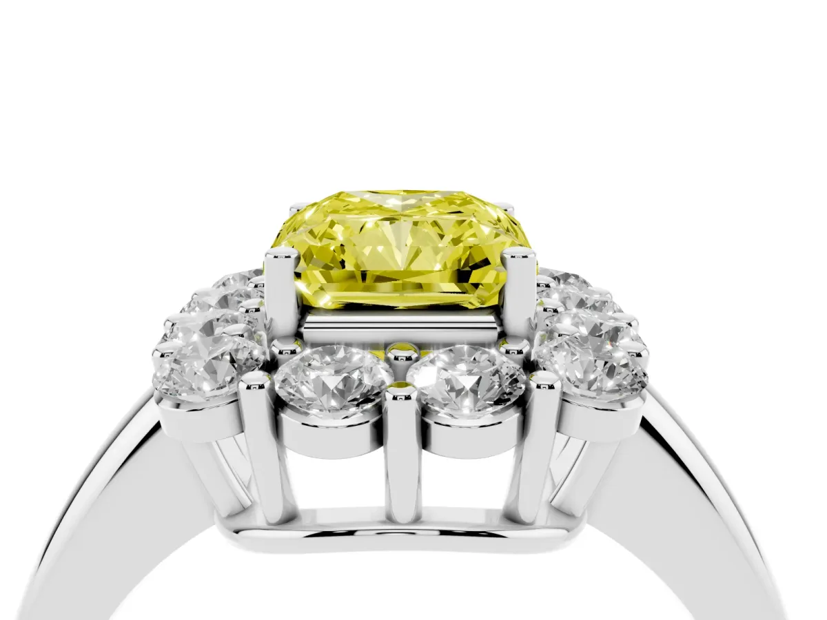 Fancy Yellow Radiant Cut Halo Cluster Diamond Engagement Ring with Prong Setting and Polished Band Platinum
