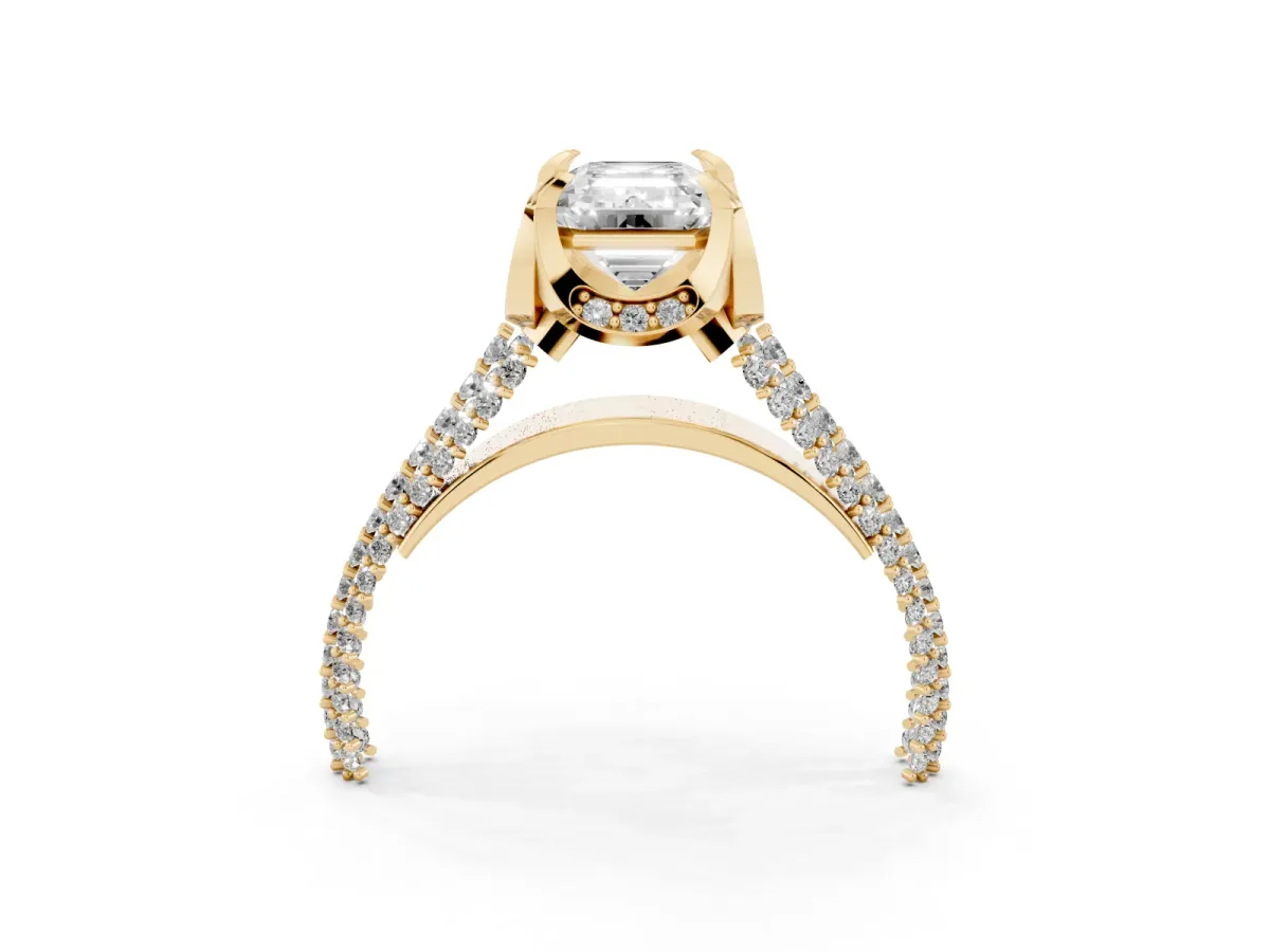 Emerald Cut Solitaire Pave Split Shank Ring with Four-Prong Setting Yellow gold