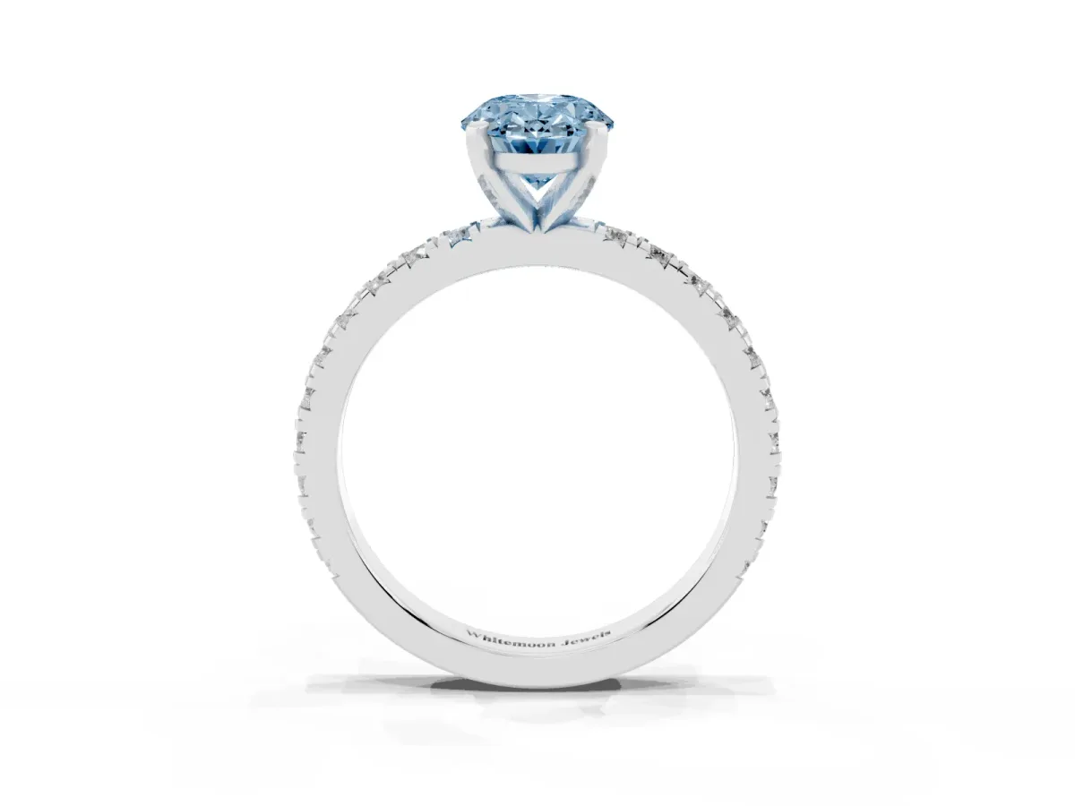 Fancy Blue Oval Cut Diamond Pavé Band Solitaire with Four-Prong Setting Silver