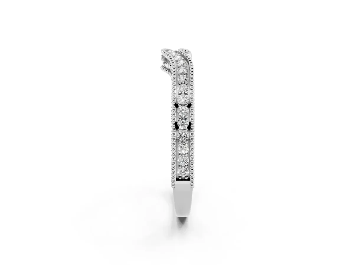 Pave Round Diamond Curved Milgrain Band Silver