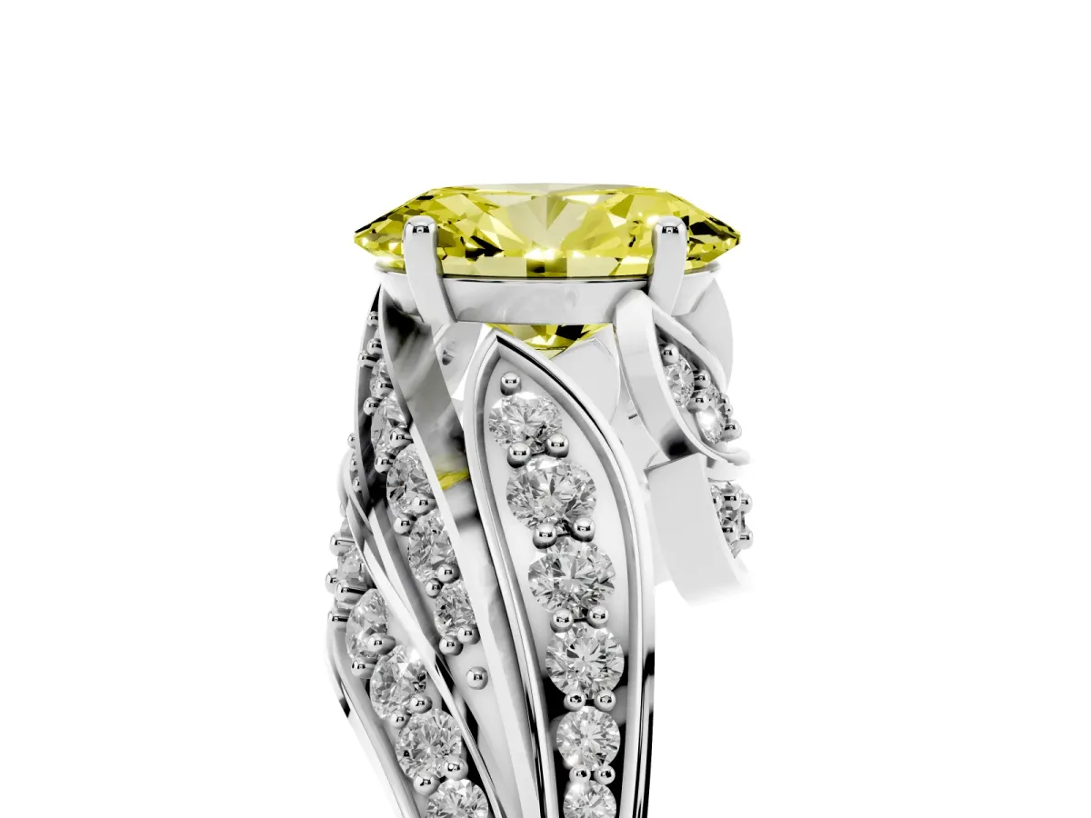 Fancy Yellow Oval Cut Diamond Solitaire Ring with Prong Setting and Twisted Pavé Band Silver