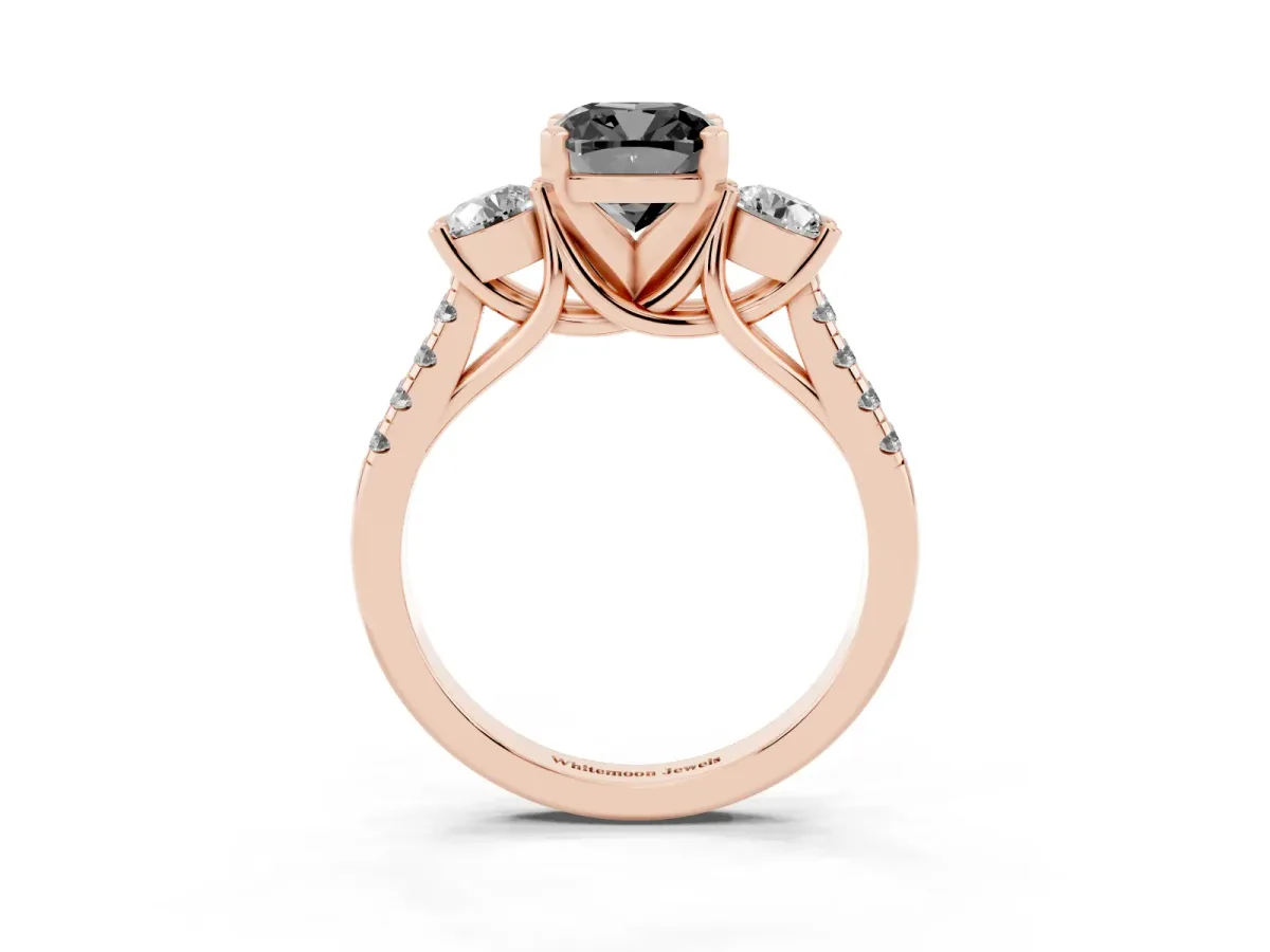 Fancy Black Three-Stone Cushion Cut Diamond Pavé Band with Four-Prong Setting Rose gold