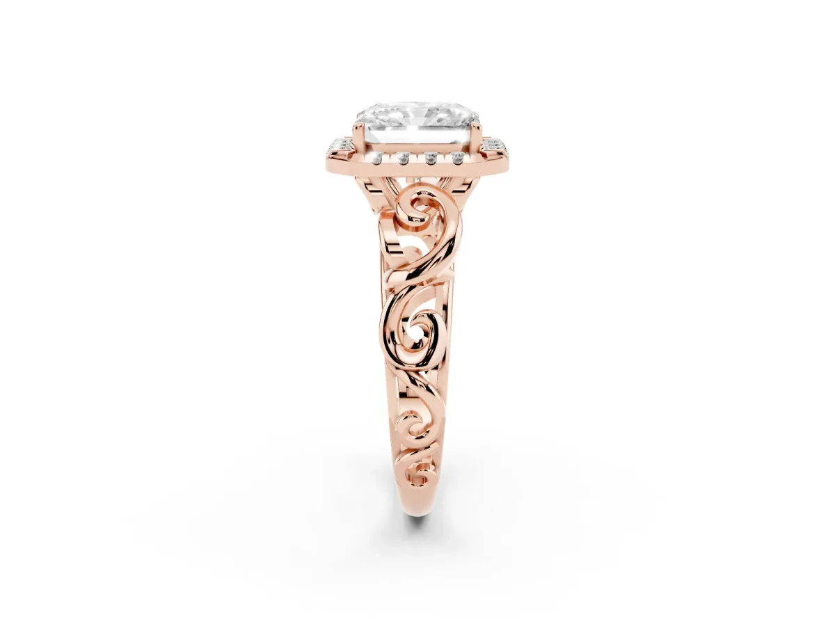 Radiant Cut Cut Halo Diamond Ring with Scrollwork Band and Four-Prong Setting Rose gold