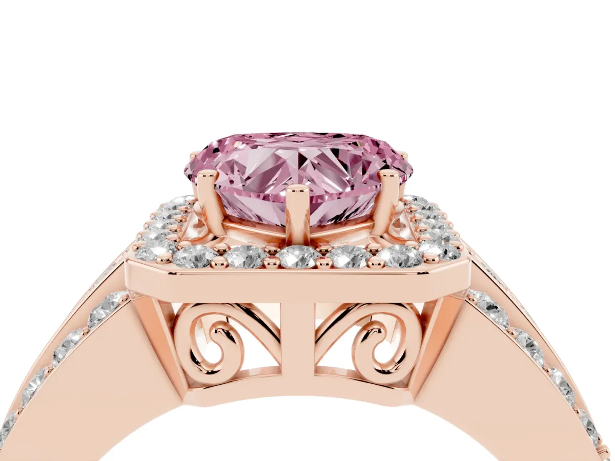 Fancy Pink Heart Cut Halo Diamond Ring with Round Split Shank and Prong Setting Rose gold