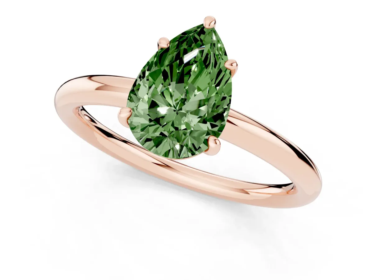Fancy Green Pear Cut Solitaire Diamond Ring with Four-Prong Setting on a Plain Band Rose gold
