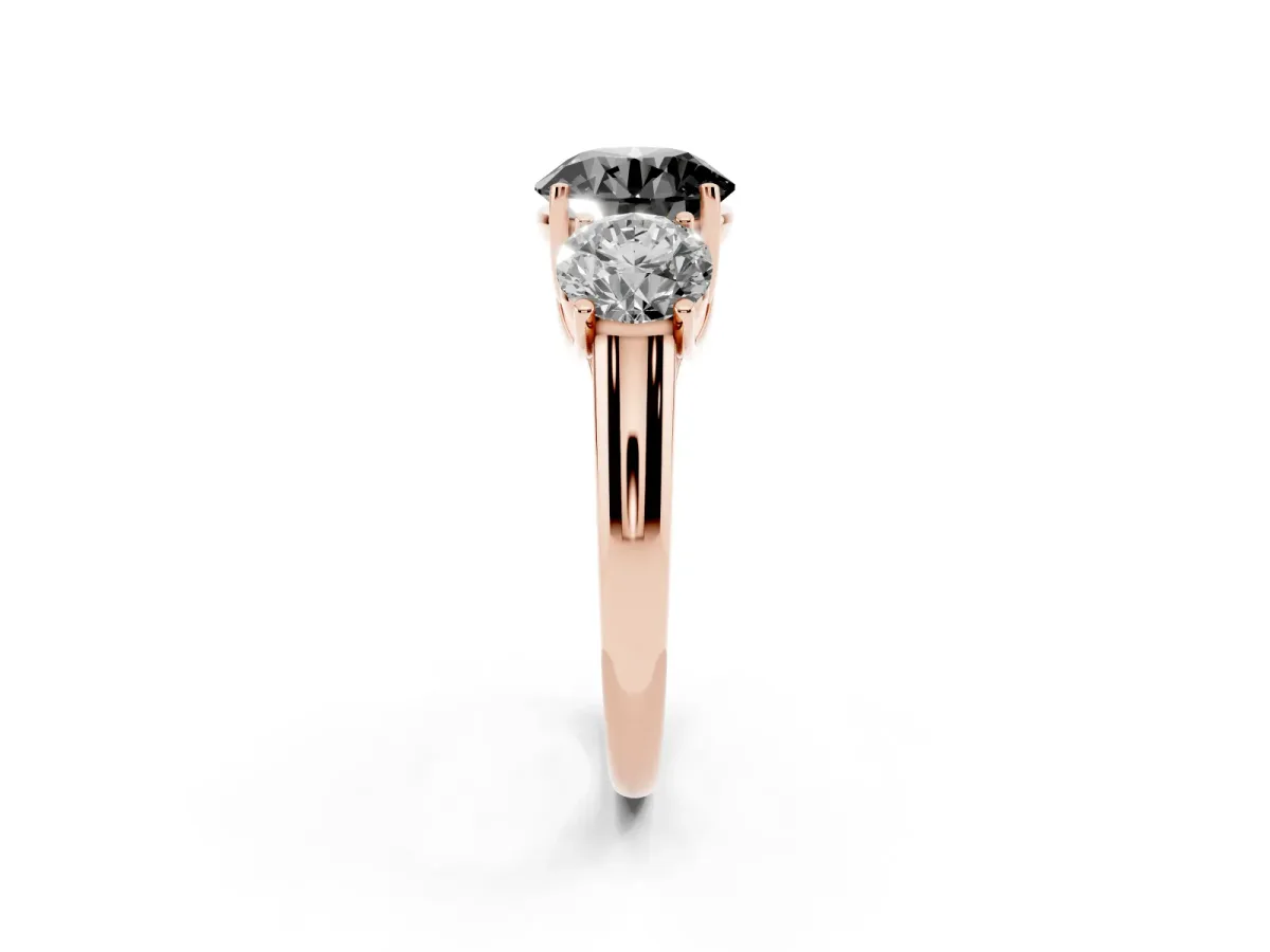Fancy Black Three-Stone Round Cut Diamond Engagement Ring with Prong Setting Rose gold
