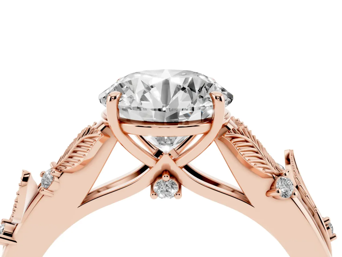 Round Cut Diamond Solitaire Ring with Leaf Motif Band and Four-Prong Setting Rose gold
