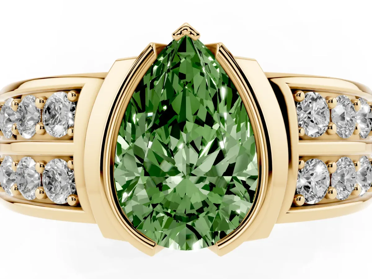 Fancy Green Pear Cut Brilliant Diamond Channel Set Wide Band Ring with Bezel Setting Yellow gold