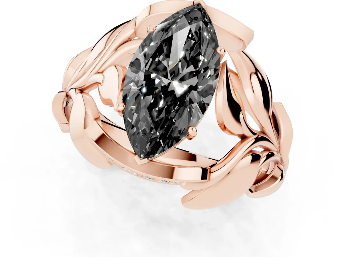 Fancy Black Marquise Cut Diamond Leaf-Inspired Engagement Ring with Round Accents and Prong Setting Rose gold